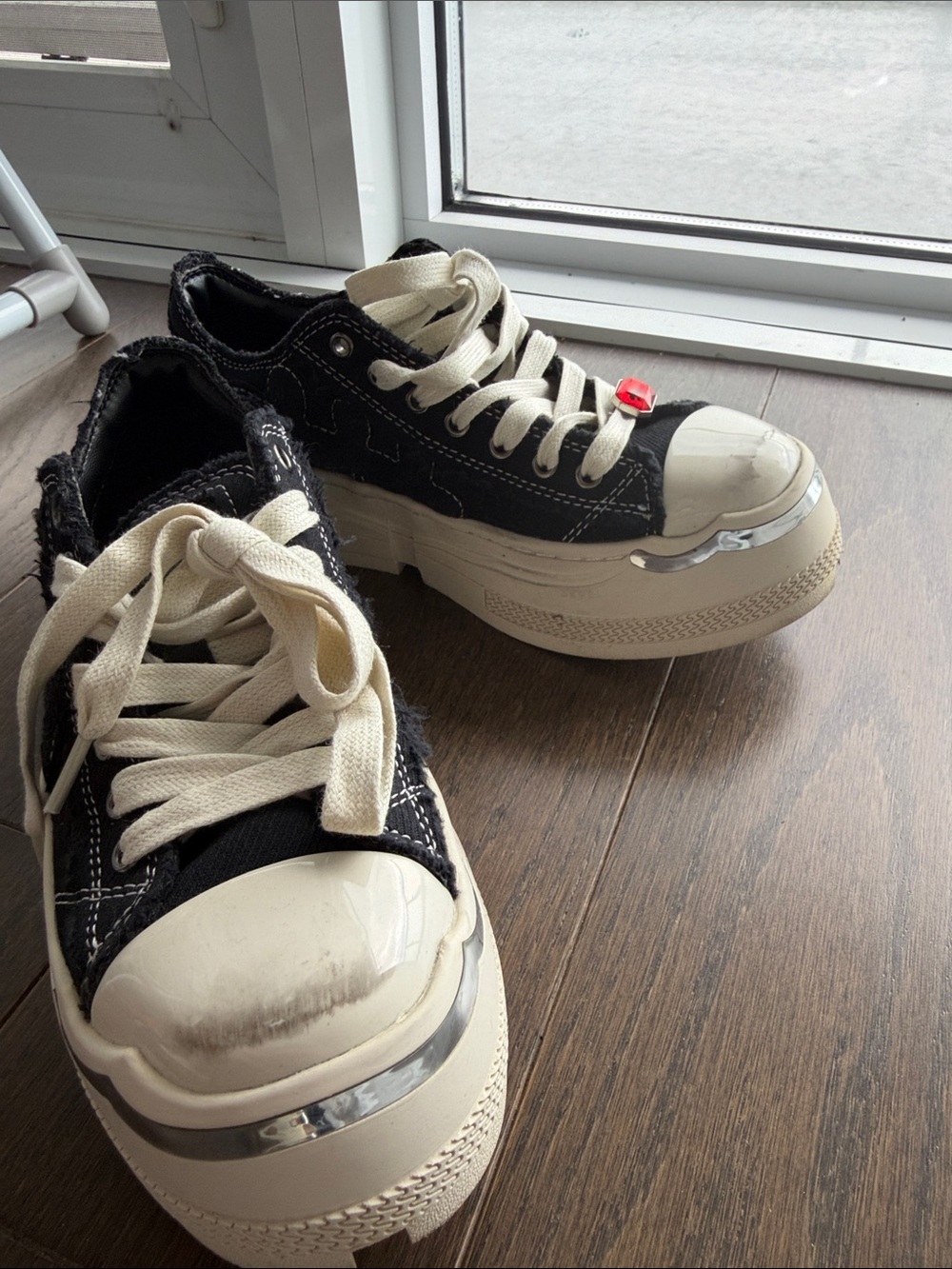Black Platform Lace-Up Sneakers with Cream Accents